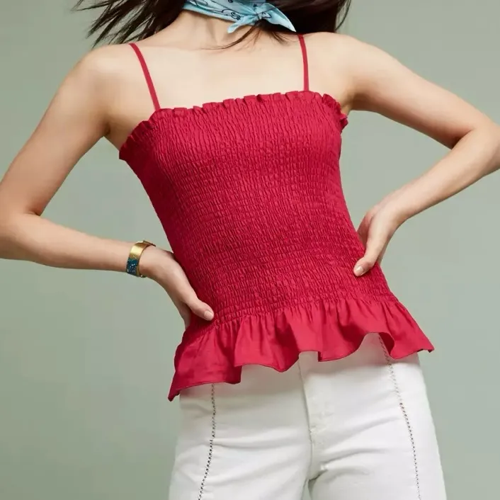 Maeve Anthropologie Raspberry Woven Linen Blend Smocked Peplum Sleeveless Top - Image 10