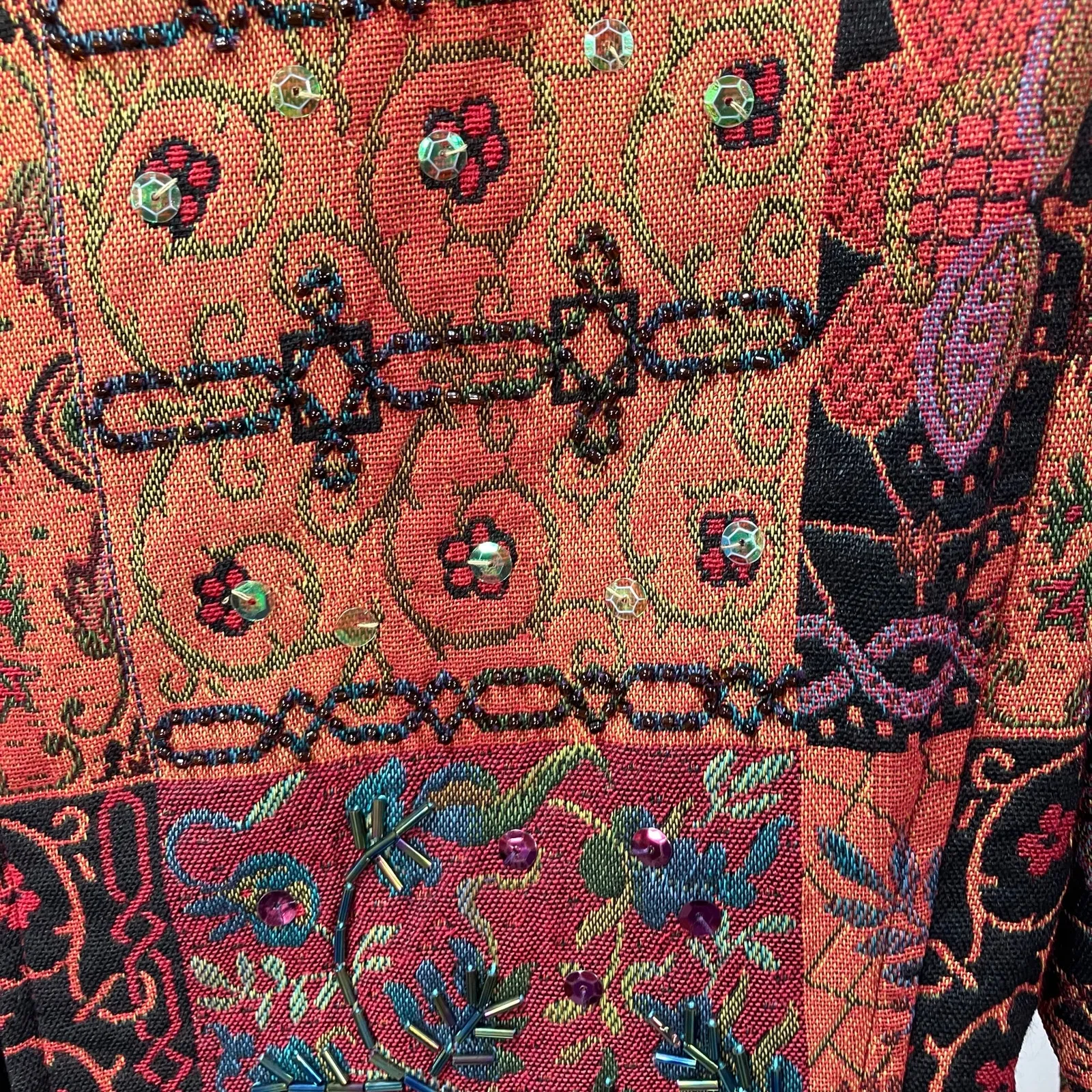 Ellen‎ Fig Womens Medium Multi Color Floral Full Zip Lined Beaded Blazer Jacket Orange - Image 8