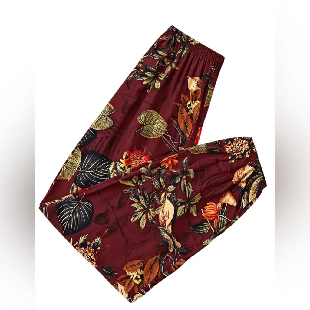 Boho Floral Harem Pants Burgundy Elastic Waist Wide Leg Joggers XL Red - Image 2