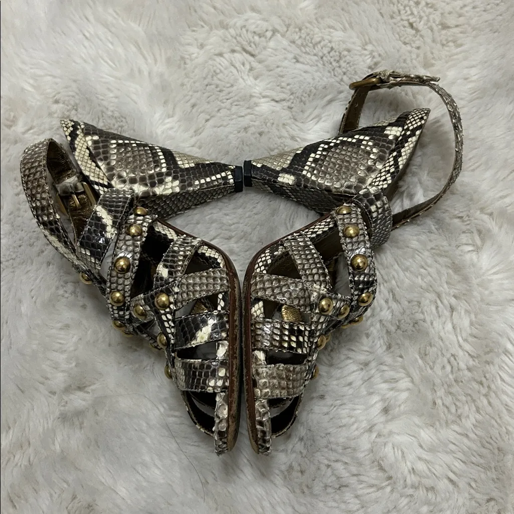 Prada Snakeskin Studded Heeled Slingback Sandals - Image 2