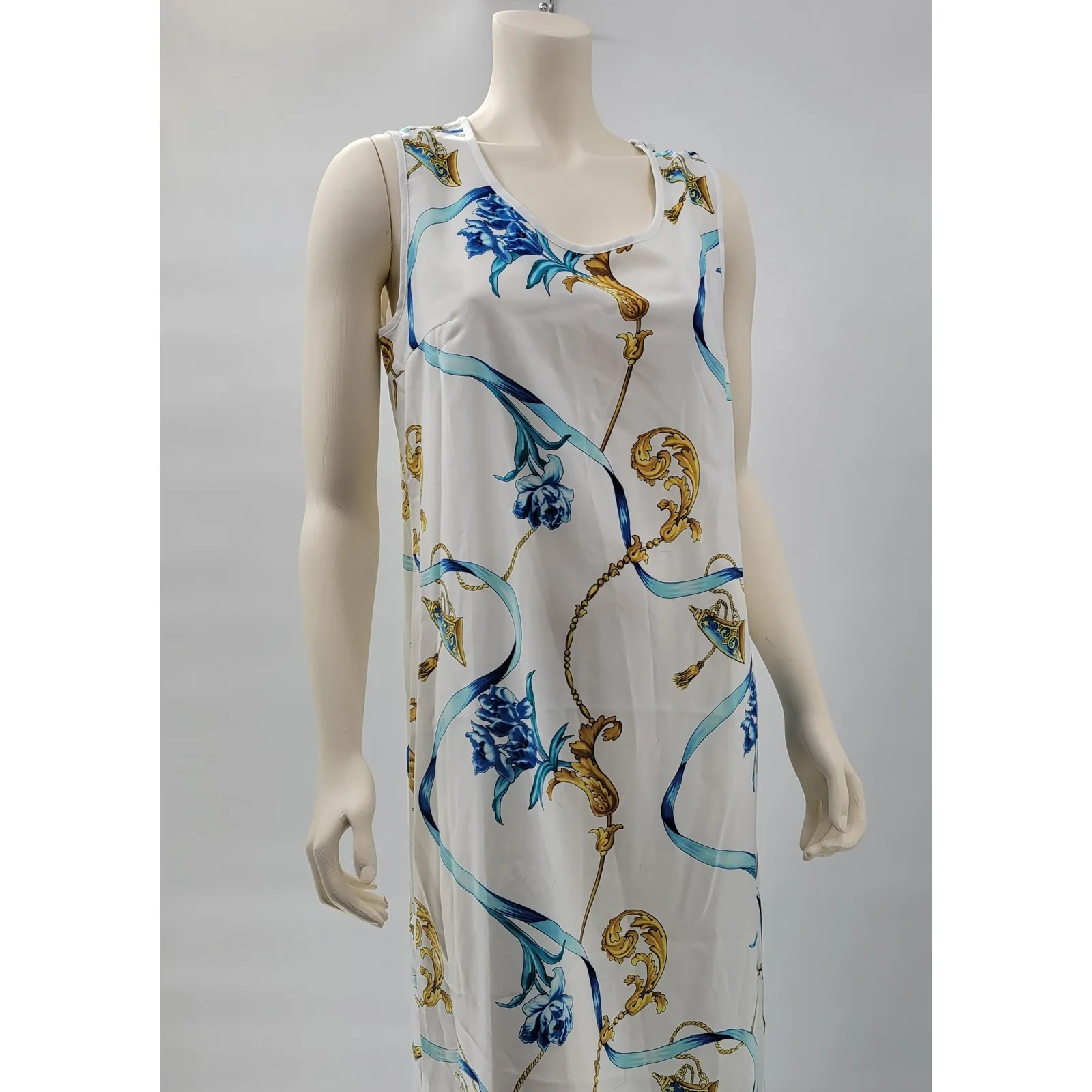 ~VTG Maggie Sweet Dress Jacket Set Small White Blue Baroque Chain Print NEW - Image 2