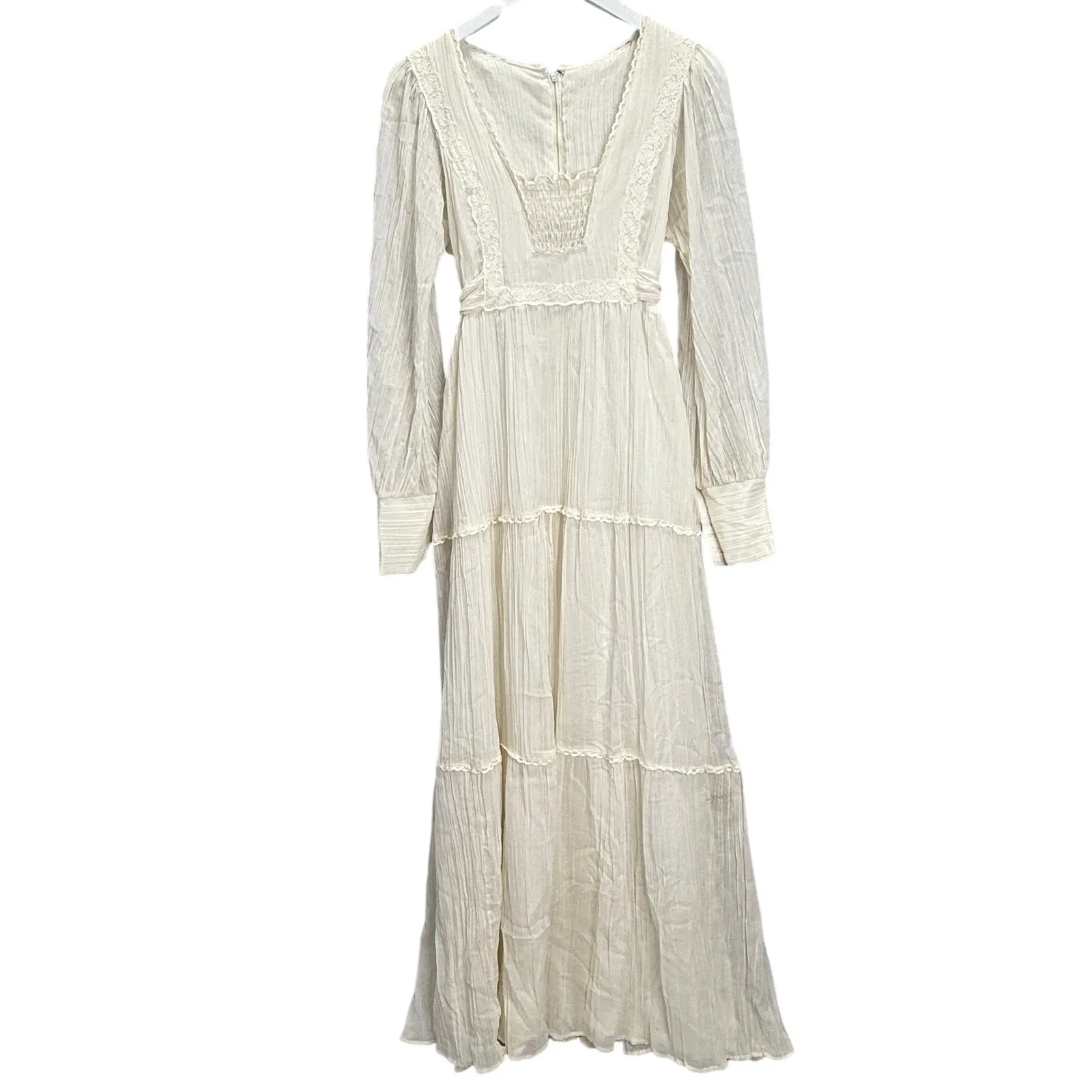 Vintage Cotton Gauze Ivory White Long Sleeve Maxi Gown 70s Size S Empire Tie - Image 2