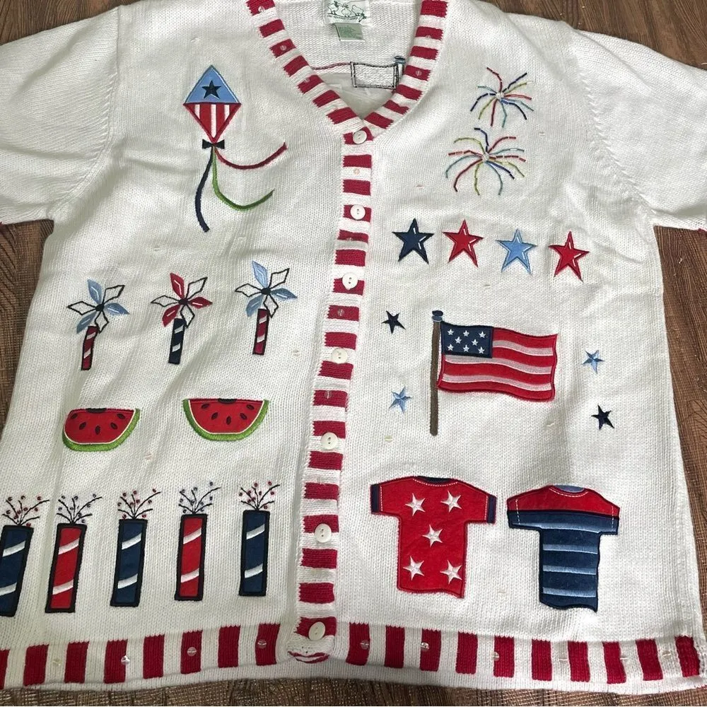 Quacker Factory Fourth July Independence Day  Patriotic American Flag Cardigan L - Image 3