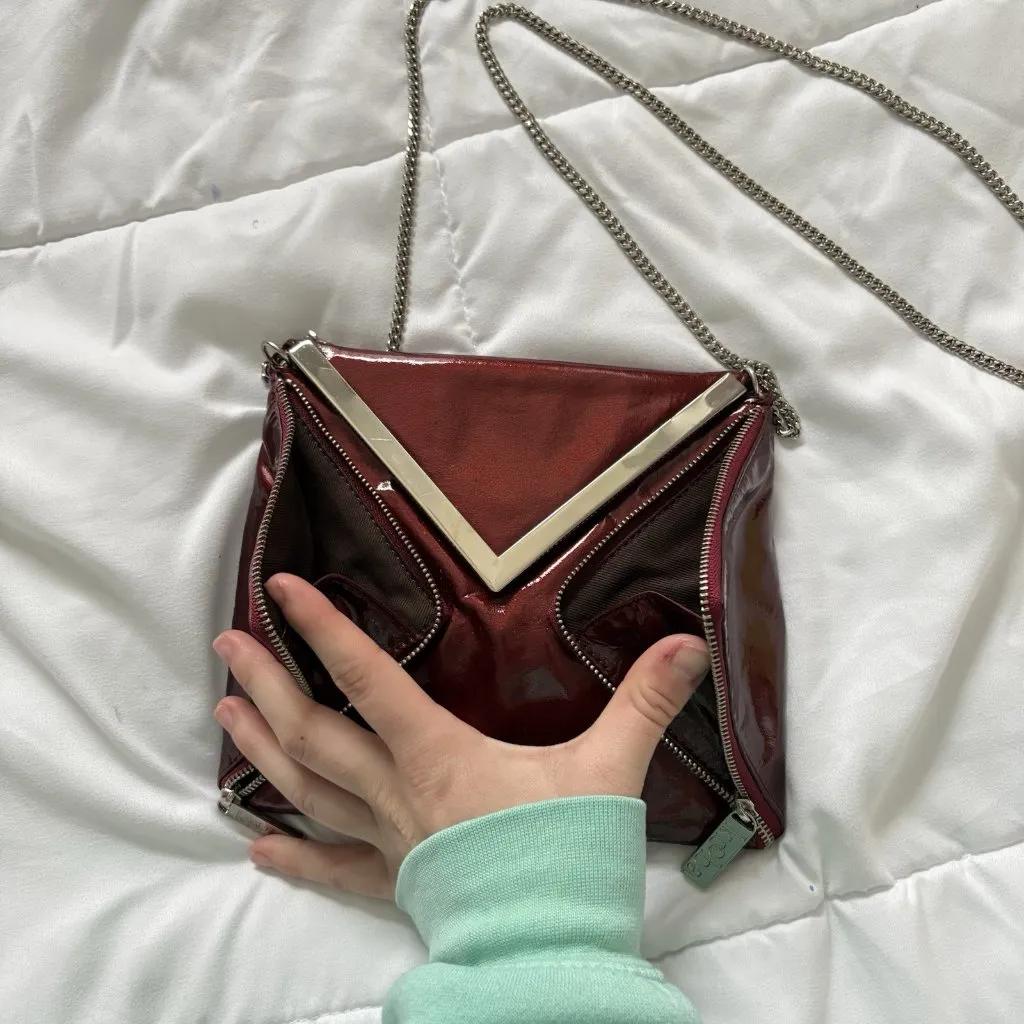 KOOBA Envelope Style Patent Leather Clutch Crossbody Shoulder Chain Dark Red - Image 5