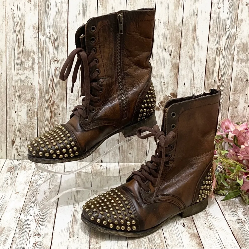 Steve Madden Tarnney Brown Gold Leather Stud Boots - Image 4