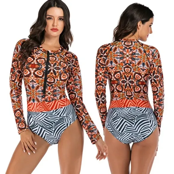 One Piece Rash Gaurd Swimsuit Springsuit Floral Zebra Long Sleeve 2X XXL XL New Orange - Image 2