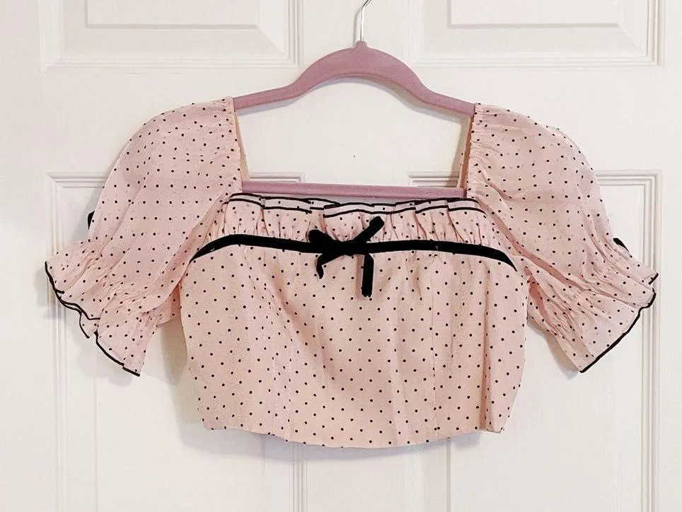 Japanese Kawaii Pastel Pink Black Polka Dot 2way Off Shoulder Crop Top Blouse - Image 4