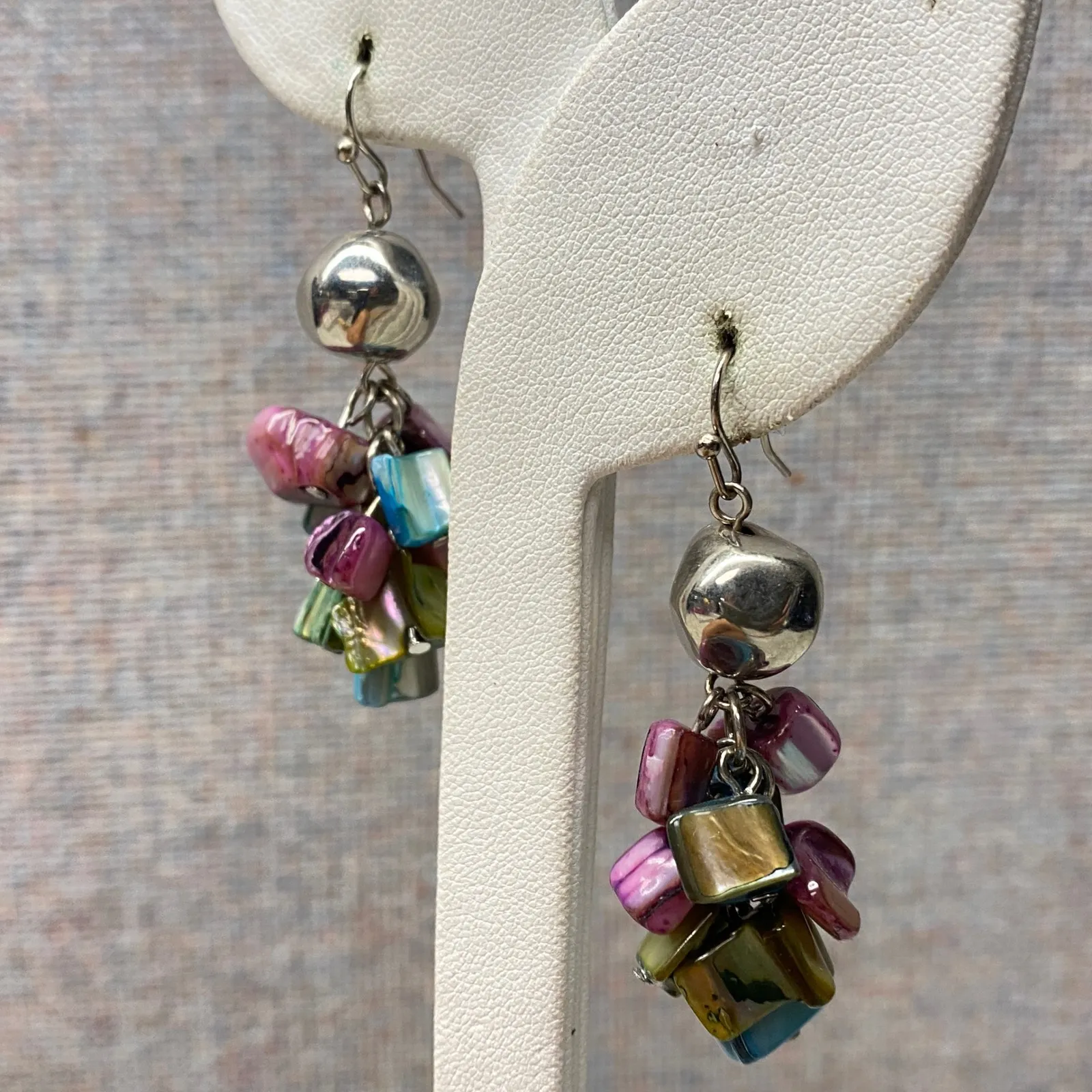 Boho Dangle Earrings Silver Tone Shell Beads Bell Sound Beach Vacation Coastal - Image 3