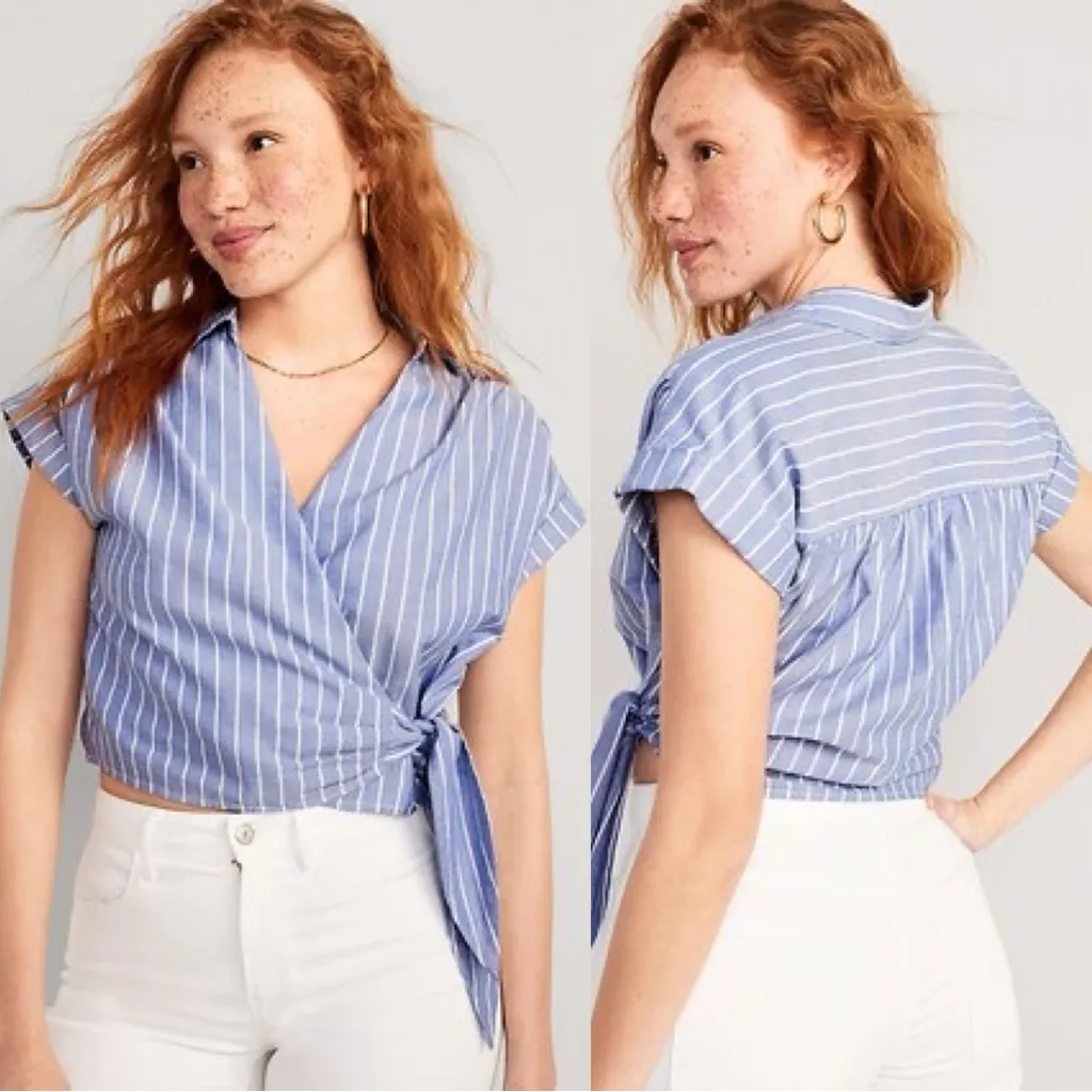 Old Navy Women’s Wrap-Front Cropped Oxford Sarong Top Shortsleeve Blue Striped M - Image 2