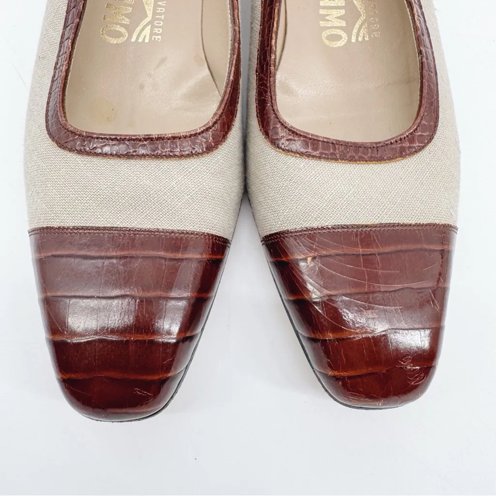 Salvatore Ferragamo Tan Beige & Brown Croc Cap Toe Flats 8.5 AAAA (Narrow) - Image 5