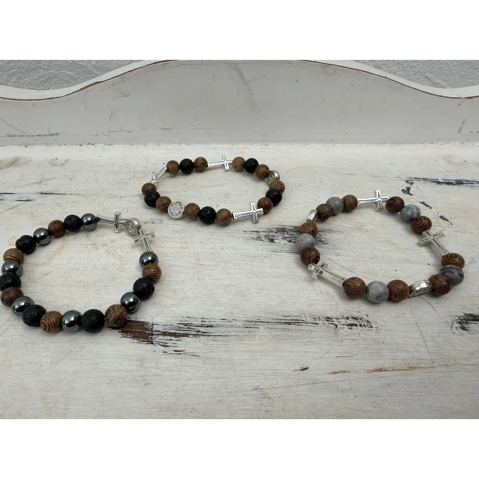 Men's Natural Stone Bracelet Set – Lava Rock, Wood Beads & Cross Charms 3 Pack - Image 2