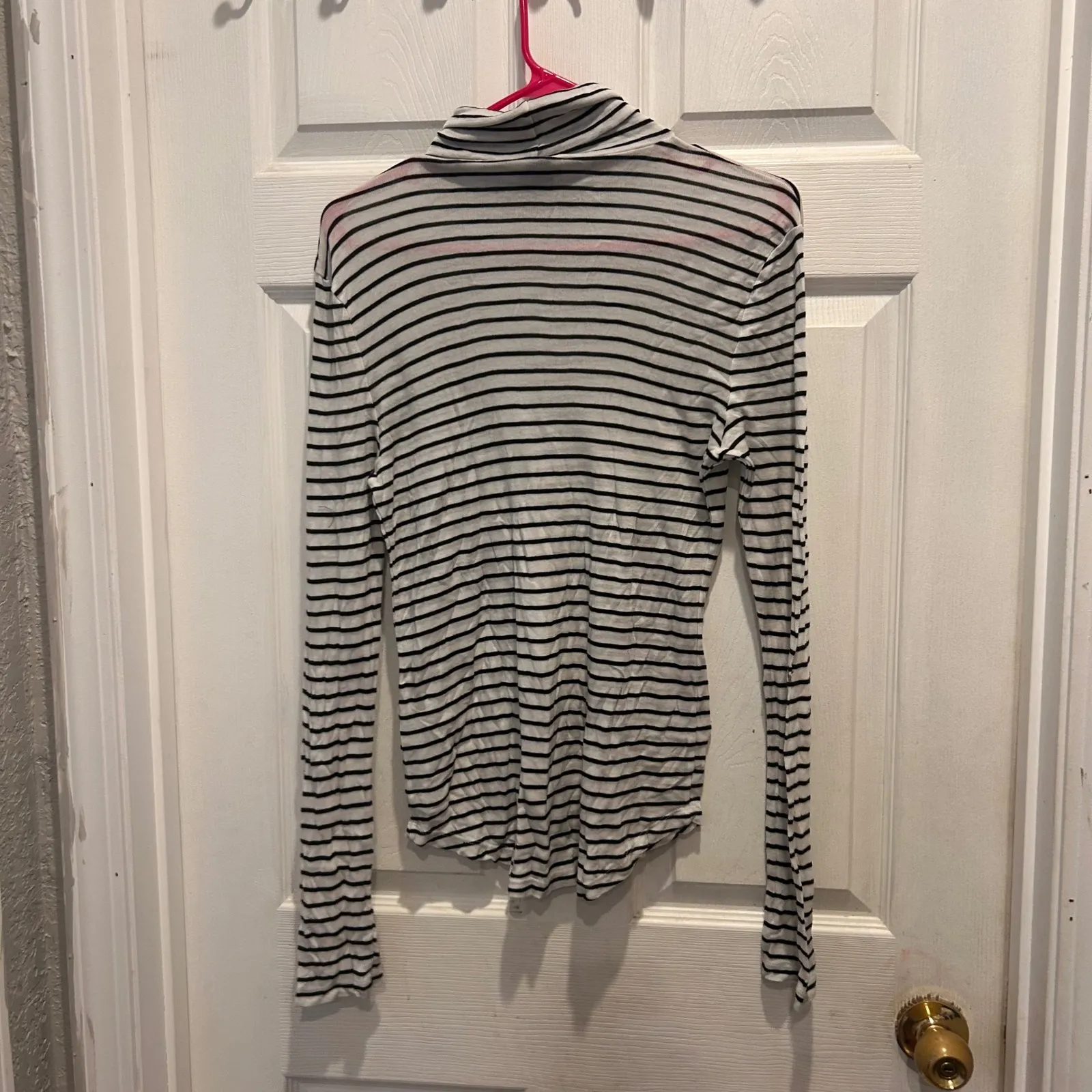 J Crew Striped Turtleneck Long Sleeve Top Women's XL Tencel Cashmere Black White - Image 4