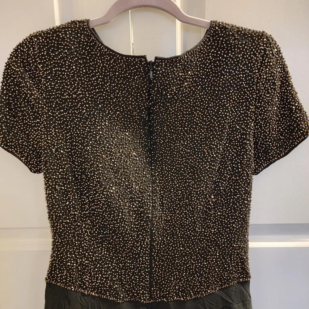 Vintage Bieff Basix Black Silk Short Sleeve Retro gold Beaded Midi Dress 6 - Image 8