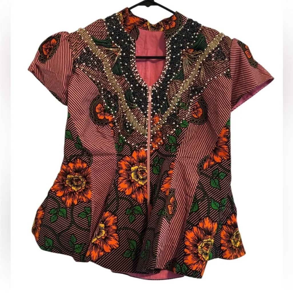 Ankara Short Sleeve Vibrant Multicolor Handmade Peplum Top size Large - Image 7