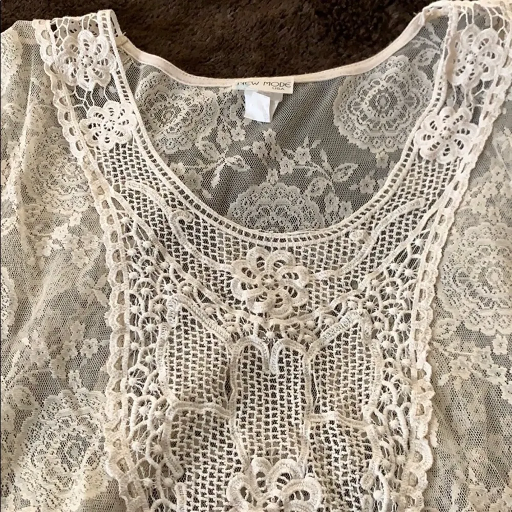 Cream Ivory Colored Sheer Lace Blouse / Top with Open Sides - Image 3