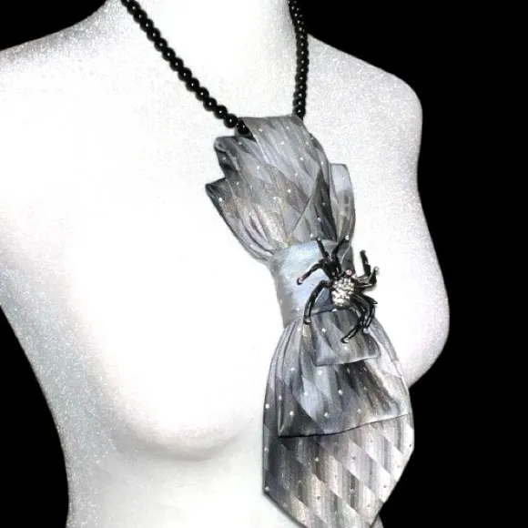 “Dainty Dapper” black silvery Patterned necktie necklace with Spider Brooch Silver - Image 3