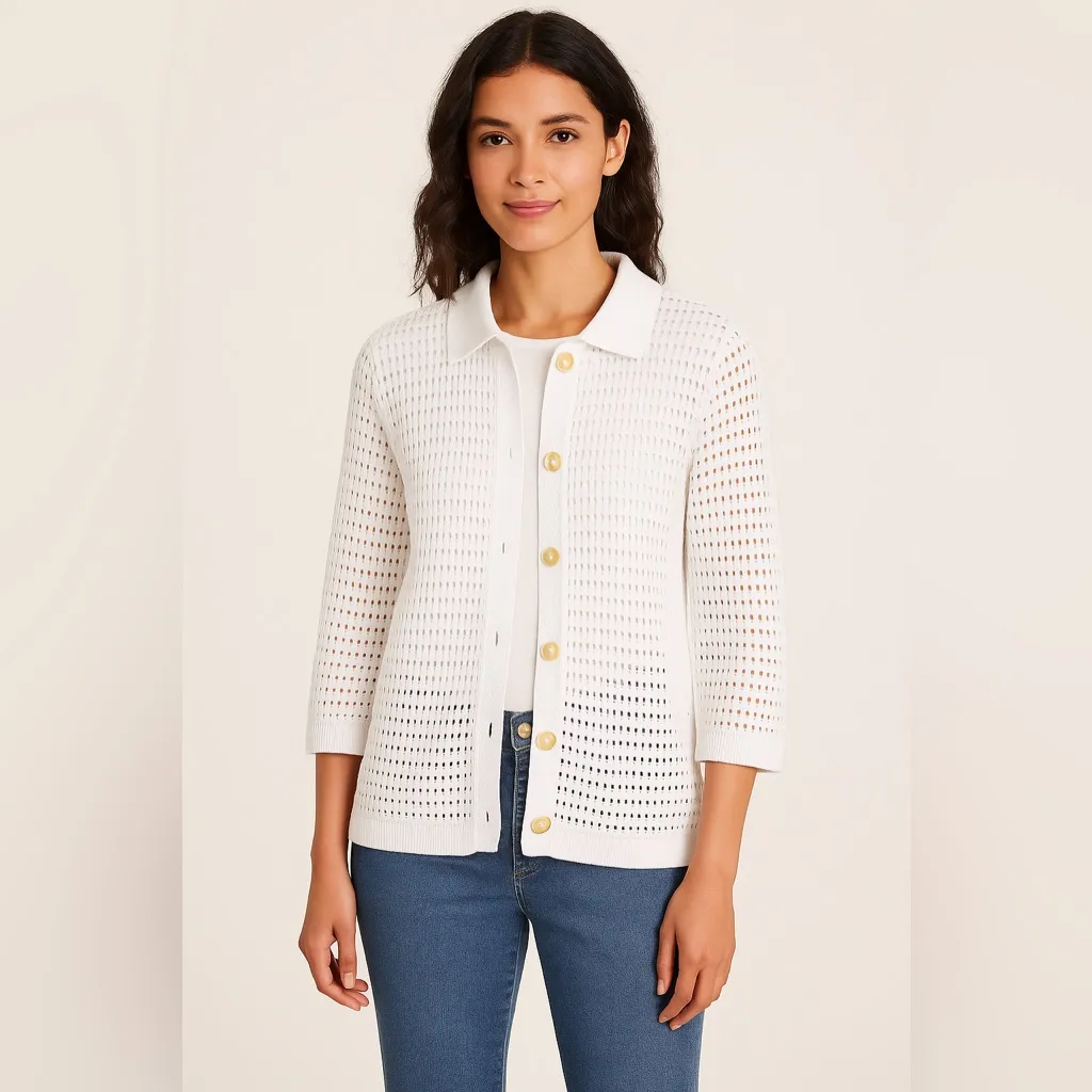 J. Jill Women’s M Petite White Button Front Cotton Blend Open Knit Cardigan Size undefined - Image 2