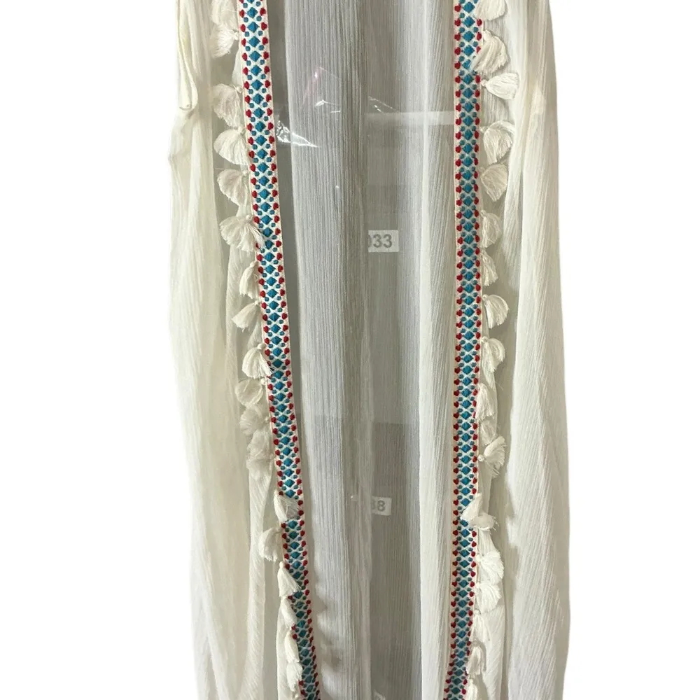Steve Madden White cardigan and or duster or cover-up, with Red and Blue Trim - Image 4