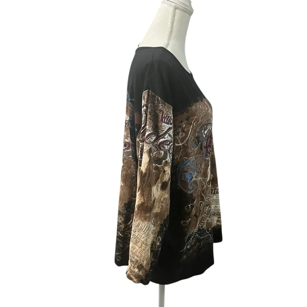 Take Two Clothing WILD WEST RODEO Embellished Scoop Neck 3/4 Sleeve Shirt Top 1X Black - Image 6