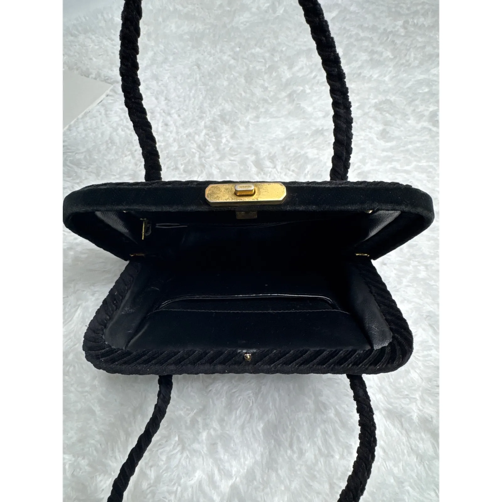 OOAK 1950s Black Velvet Evening Bag w/ Starburst Embossed brass lock top handle - Image 12