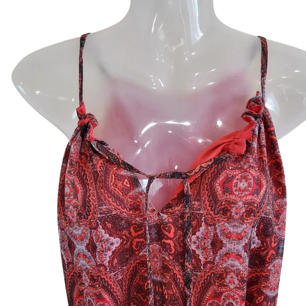 Lucky Brand Paisley Chiffon Overlay Hi Low Tassel Belted Red Size Medium - Image 4