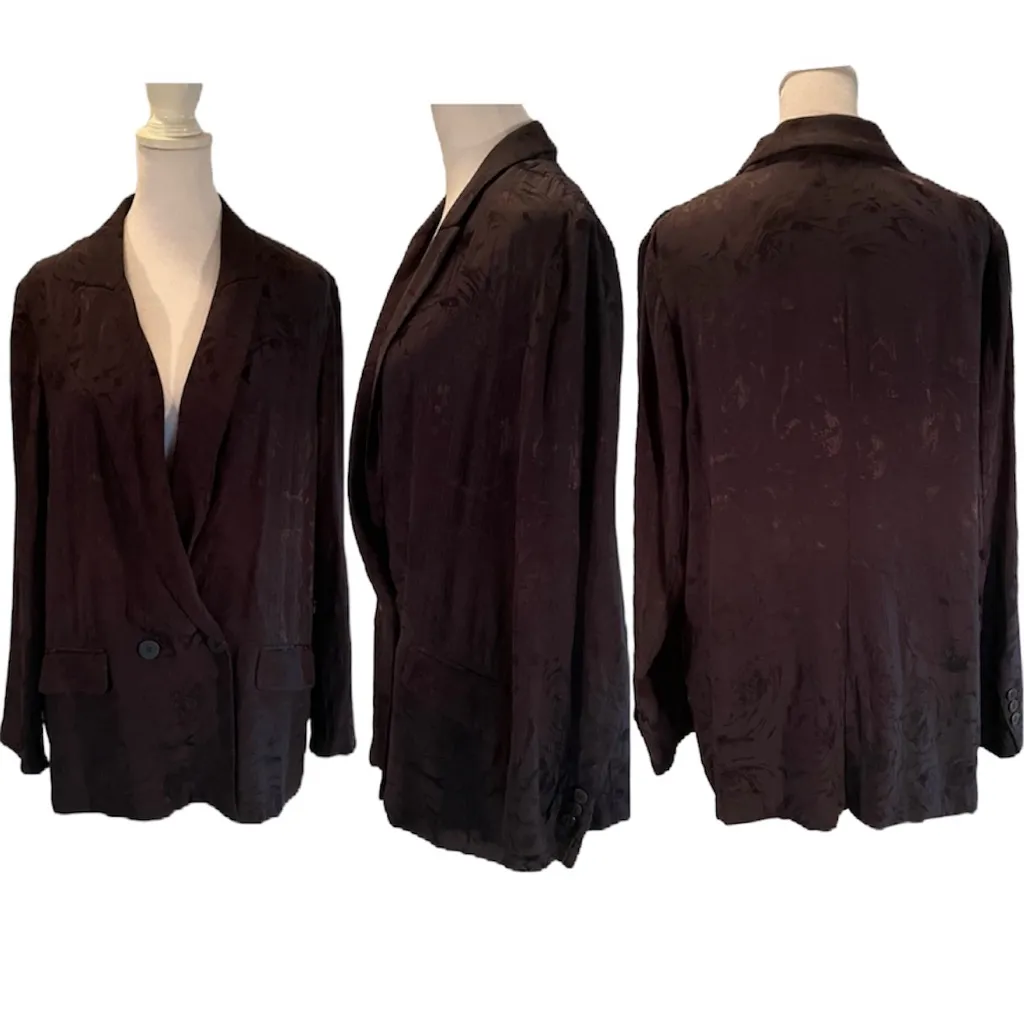 Zara Jacquard Navy Blue Floral Double Breasted Long Silky Blazer Size Medium - Image 2