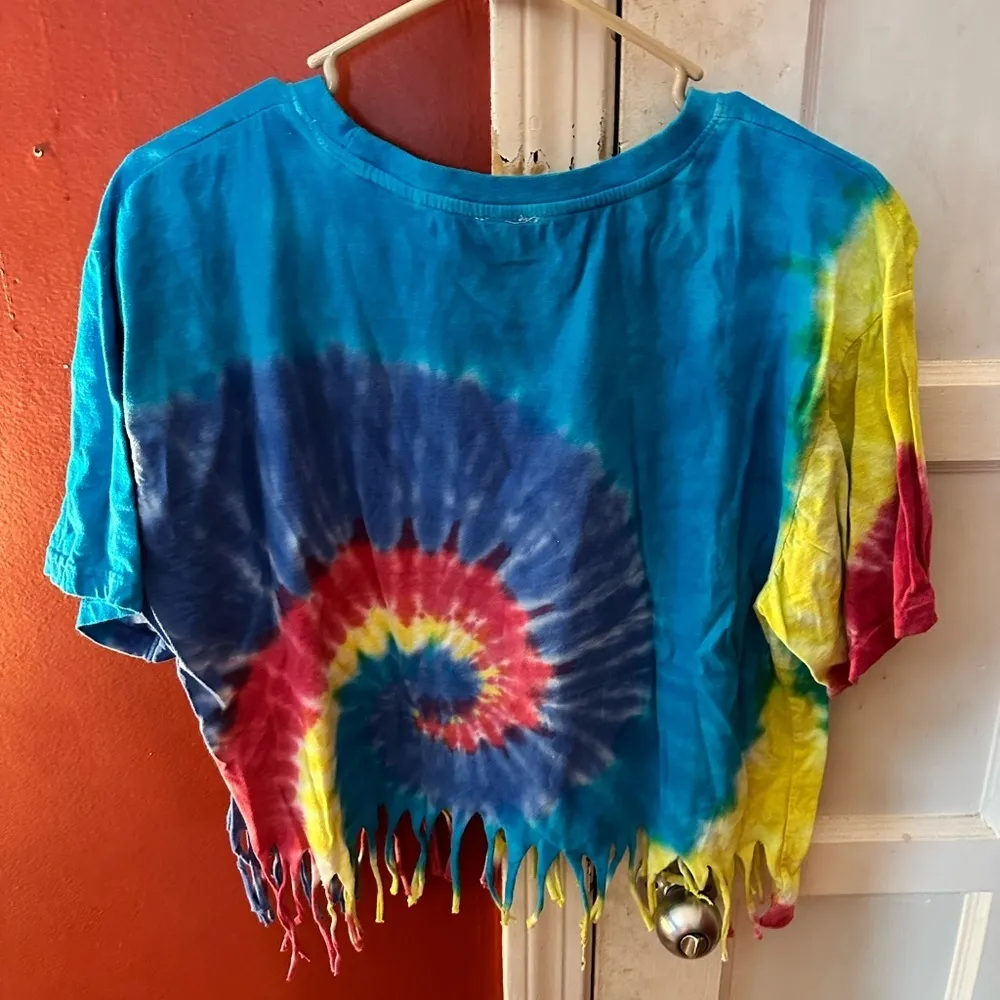 Spirit Brand Multicolored Rainbow Tie Dye Fringe Hem Short Sleeve Top - Image 6
