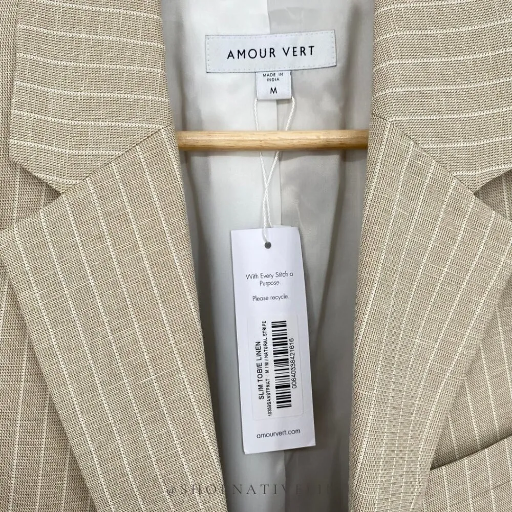 NWT Amour Vert Women’s Slim Tobie Blazer  | Sz Medium | Natural (Tan) Striped - Image 6