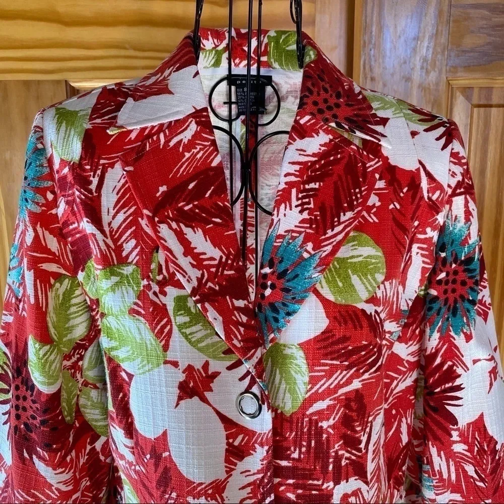 Vintage RQT Petite Cropped Floral Tropical Blazer Jacket Size 8P White - Image 4
