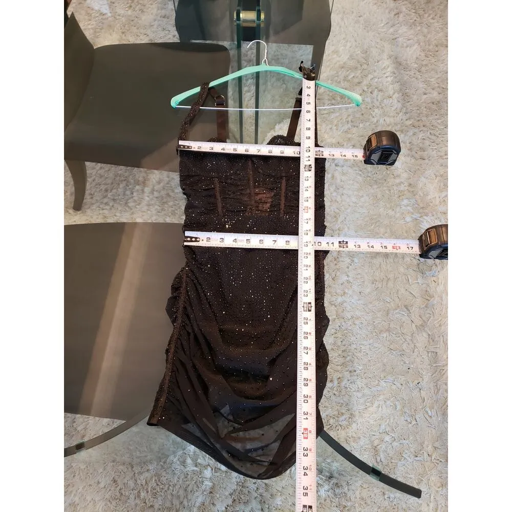 Oh Polly Mini Bodycon Dress Women's Size 4 Black Sheer Embellished Scoop Neck - Image 3