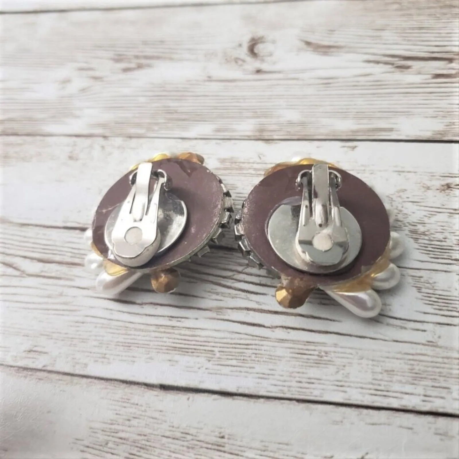 Vintage Clip On Earrings Huge Faux Pearl & Clear Gem Statement Earrings - Image 3