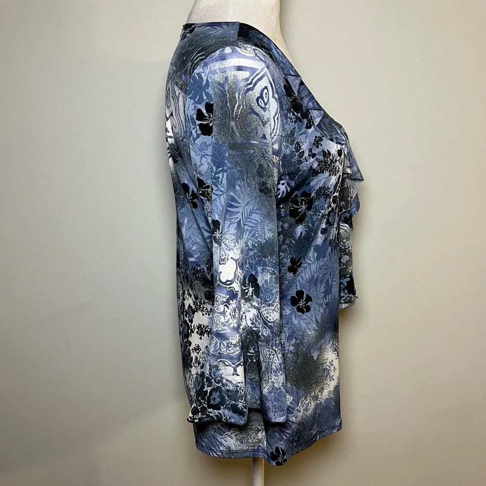 Y2K Fairy Ruffle Blouse Blue White Size Small Office Business Casual 90s‎ Boho - Image 10