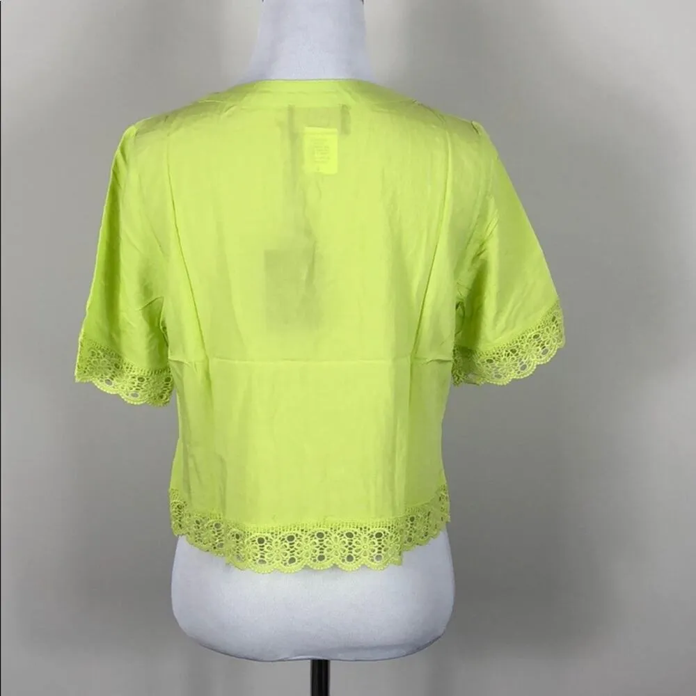 Short Sleeve Top Lace Hem Pleated Cropped Lace Up Yellow - Image 5