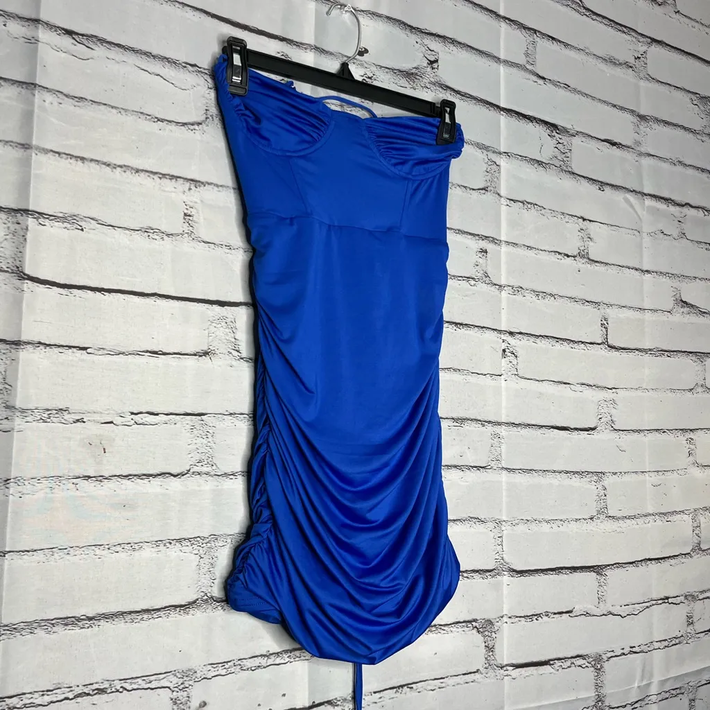 Lucy in the Sky Strapless Dark Blue Dress SZ S Tie Back Ruffled Sheath Designer - Image 2