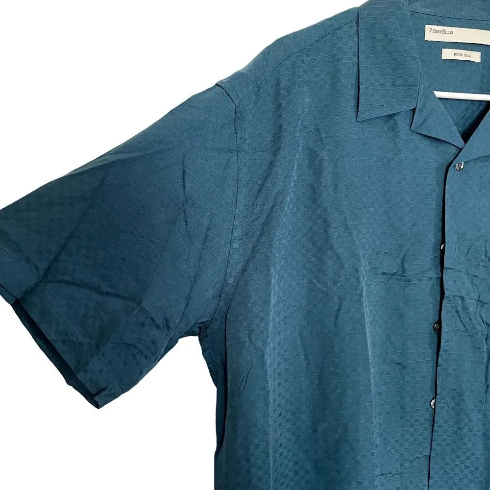 PerryEllis silk teal short sleeved button down collared shirt short sleeved top - Image 2