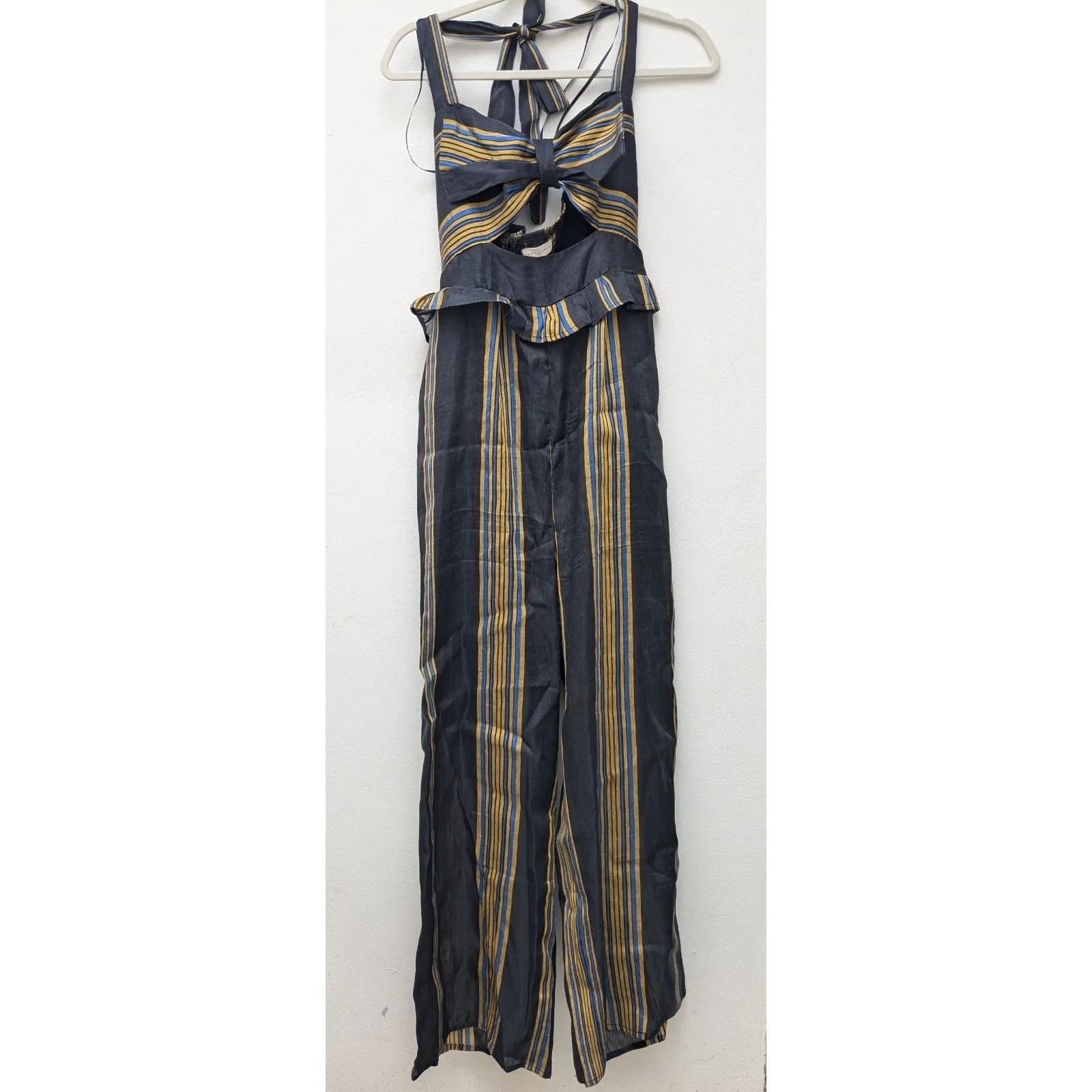 Honey Punch Women's Jumpsuit Halter Cut-Out Bun Ruffle Striped Black Gold Small - Image 2