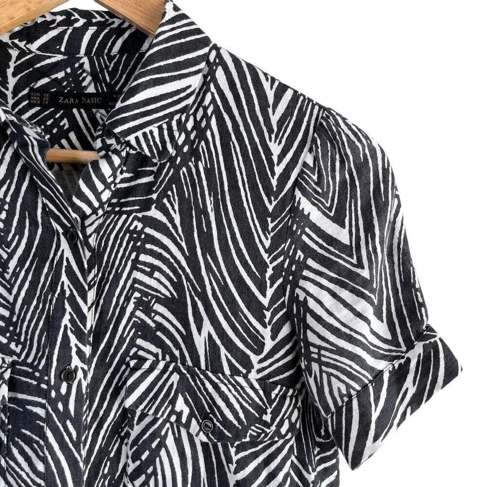Zara 100% Linen Zebra Print Mini Shirt Dress Short Sleeves Black‎ White, Size XS - Image 5