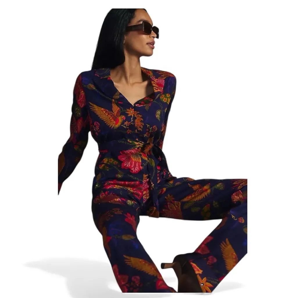 FARM Rio x Anthropologie Long Sleeve Floral Jumpsuit Medium NWT Pockets Belted - Image 8