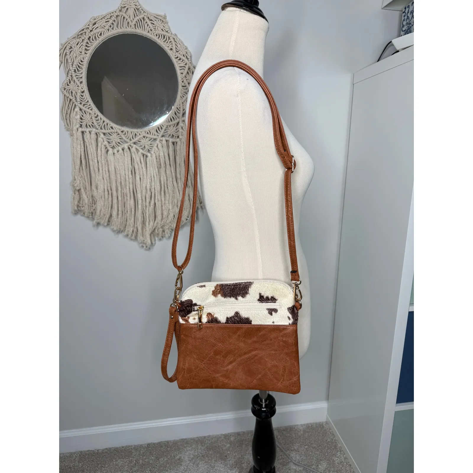 Women's Boho Western Brown Faux Leather Cow Calf Hair Tassel Crossbody Purse Bag - Image 2