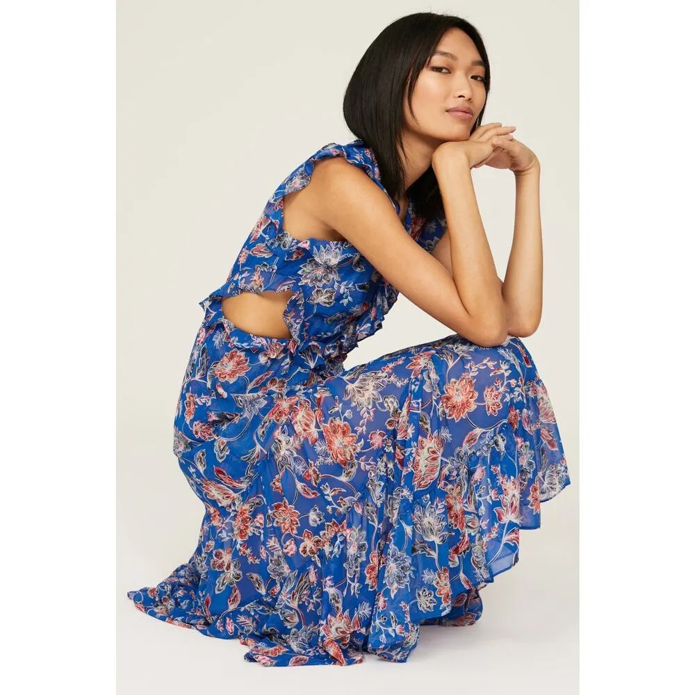 MISA Las Angeles Blue Floral Natasha Cutout Ruffled Midi Dress Size Medium - Image 5