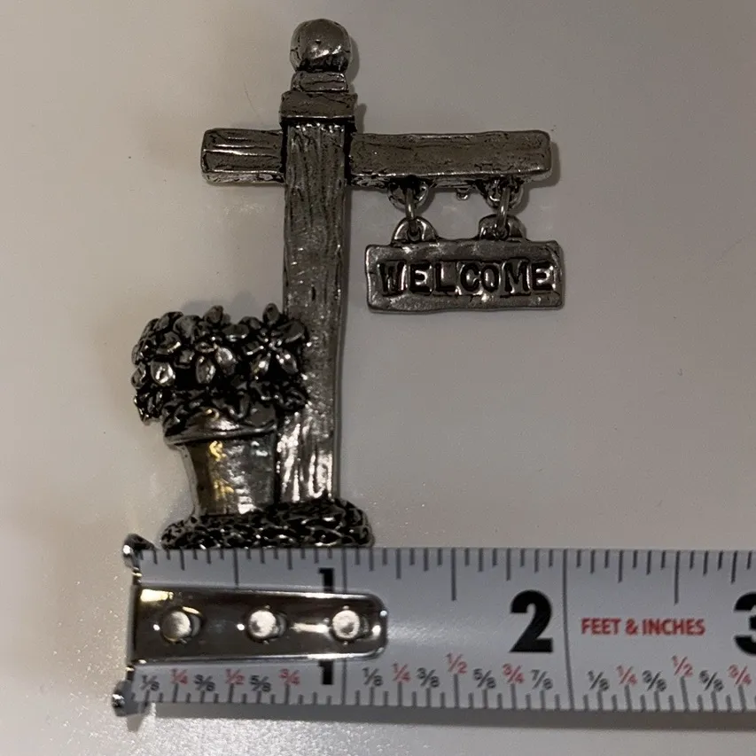 Sheridan Pewter Garden Post w Welcome Sign & Flower Pot Brooch Pin Silver - Image 8