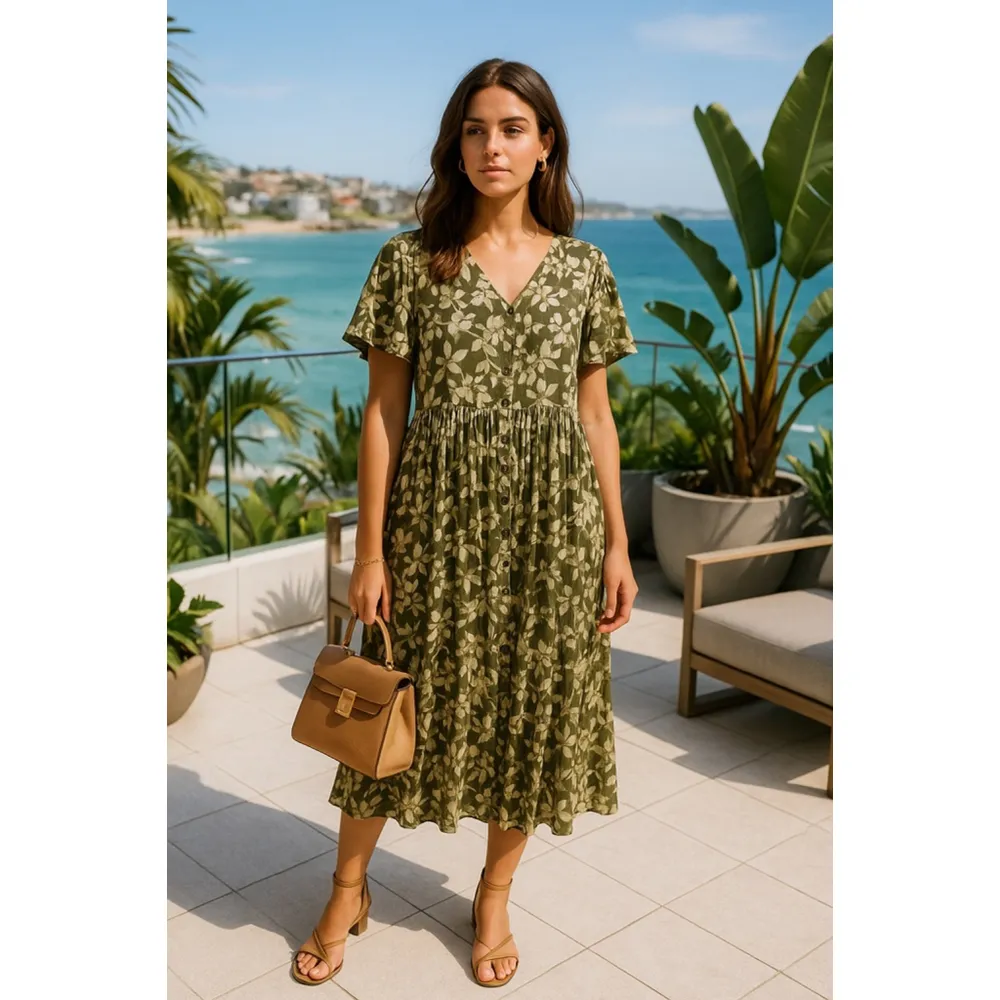 Woman Within Midi Dress Neutrals Button Down V Neck Boho Cottagecore Summer - Image 2