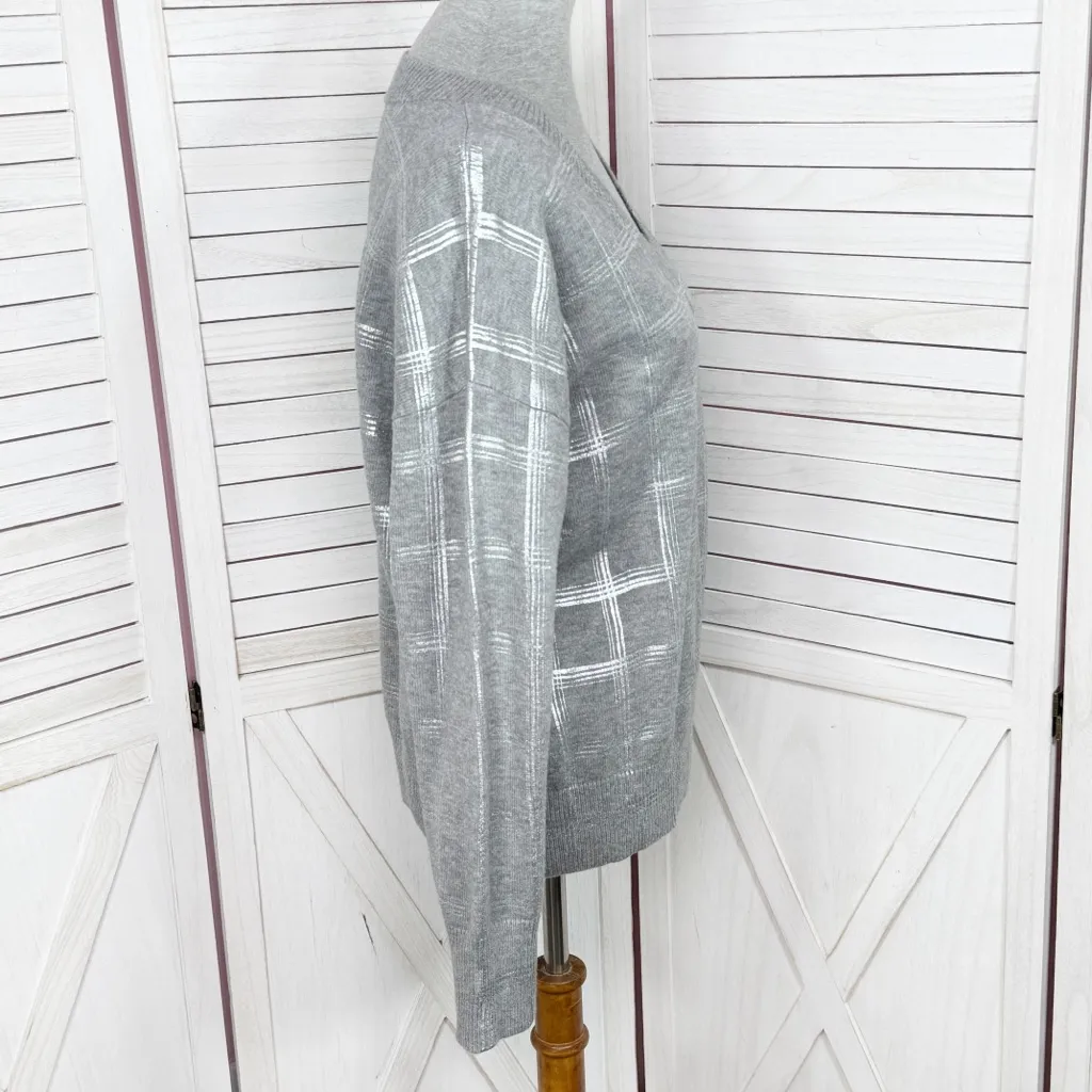 Calvin Klein Metallic Silver Windowpane Plaid V Neck Sweater Grey Medium - Image 4