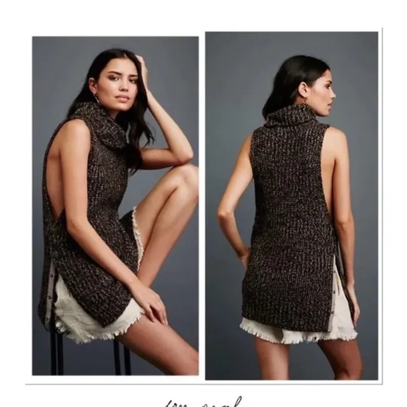 Free People Valentina Tunic Turtleneck Sweater Vest, Side Snaps, Browns - Image 2