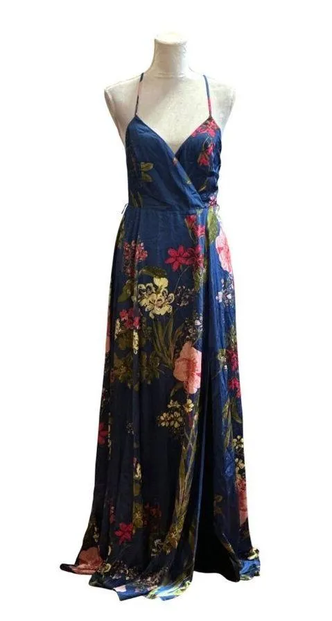 Lulus Maxi Dress With Tie Floral Print Criss Cross Back High Slit Cruise Prom M - Image 3