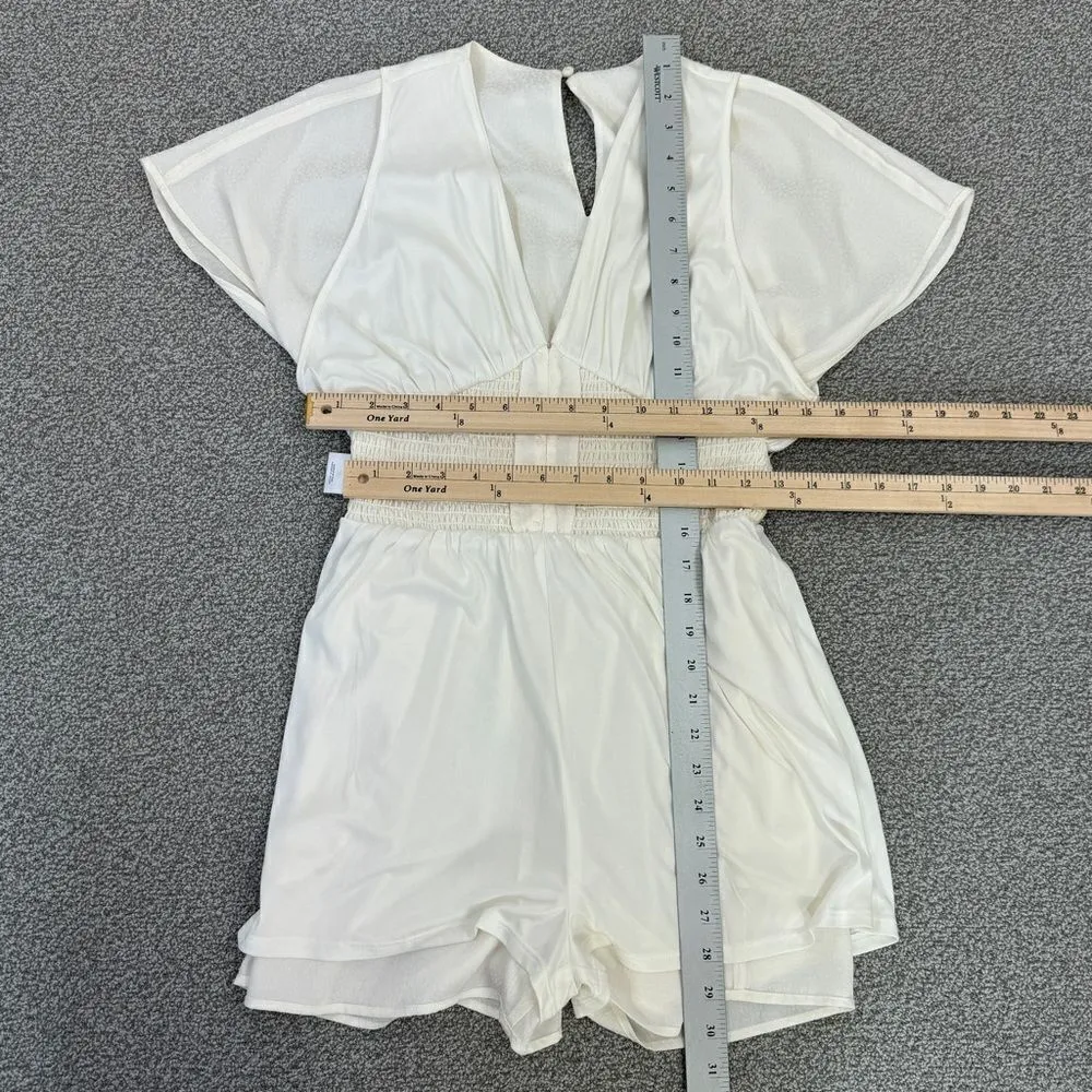Express Satin Jacquard Smocked Waist V Neck Romper Ivory‎ White XS X Small - Image 13