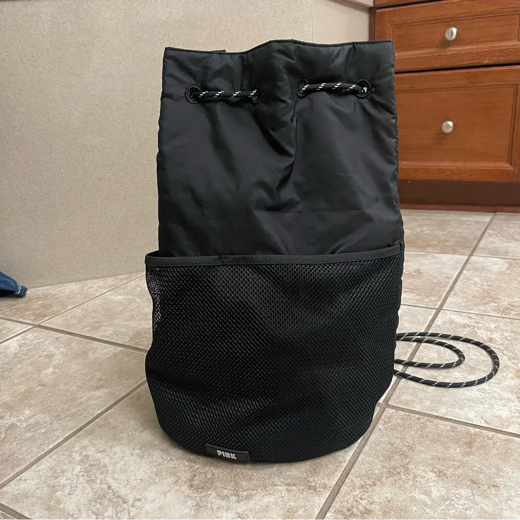 Pink By Victoria Secret Black Drawstring Backpack‎ Bag Outter Mesh Pockets NWT - Image 4