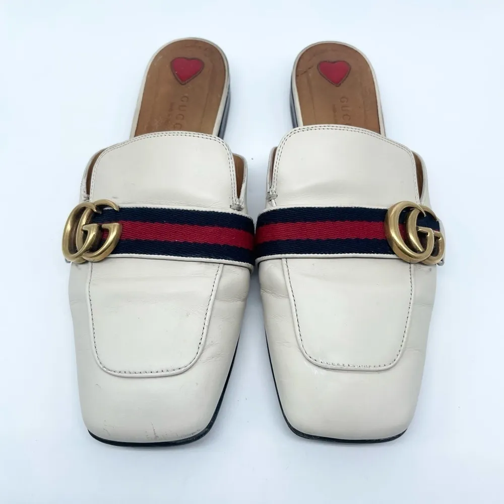 Gucci GG Logo Marmont Red Blue Web Canvas White Leather Mules Loafers EU 38.5 - Image 2