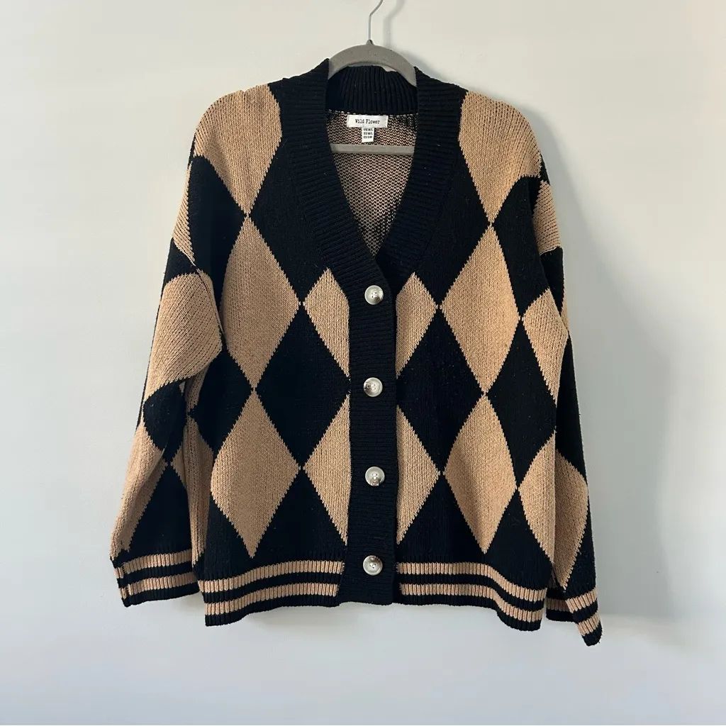 Wild Flower Black Tan Button Front Argyle Cardigan S/M - Image 2