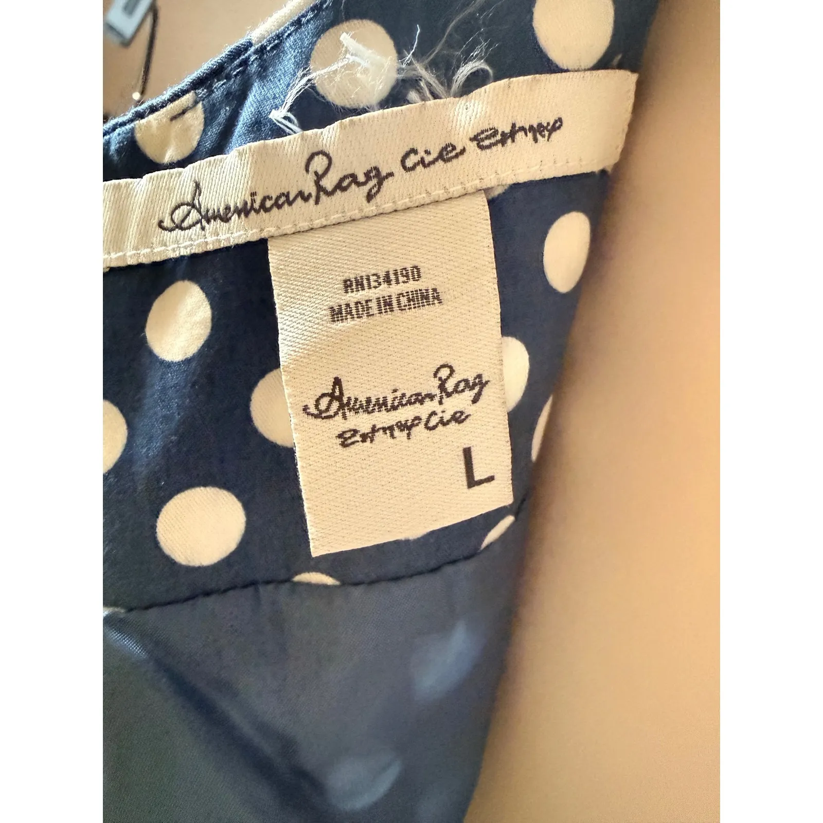 American Rag Cie Women's Navy Blue White Polka Dot Fit Flare Dress Size L - Image 3